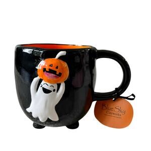 Blue Sky Clayworks HALLOWEEN Footed Mug Happy Ghost Holding Pumpkin NEW